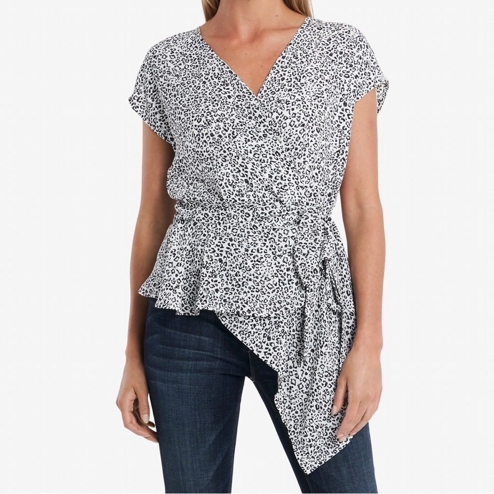 Vince Camuto White & Black Cheetah Print Asymmetrical Blouse